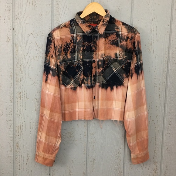UpCycle Bleached Dyed Cropped Flannel Reworked Grunge Punk - Picture 2 of 7